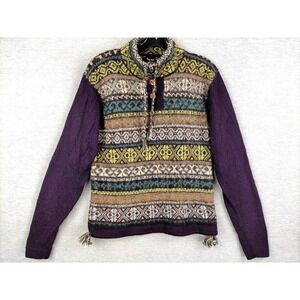 Efrata Global Womens Sweater Medium Purple Tribal Alpaca‎ Wool Hand Knit Cozy
